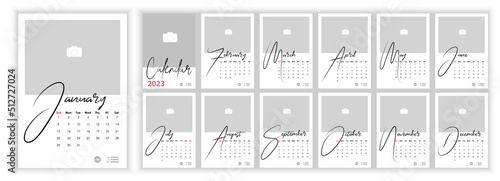 Wall Monthly Photo Calendar 2023. Simple monthly vertical photo calendar Layout for 2023 year in English. Cover Calendar, 12 months templates. Week starts from Sunday. Vector illustration photo