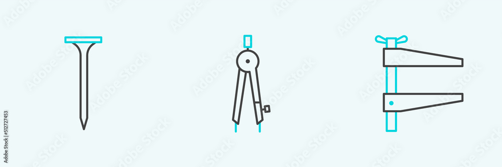 Set line Clamp tool, Metallic nail and Drawing compass icon. Vector Set line Clamp tool, Metallic nail and Drawing compass icon. Vector
