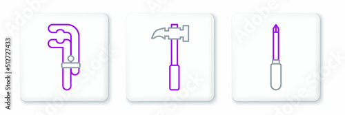 Set line Screwdriver, Clamp tool and Claw hammer icon. Vector