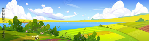 Summer landscape with lake and green agriculture fields. Vector cartoon illustration of nature scene of countryside with farmlands, river and rocks