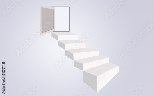 white staircase abstract illustration to open door open on gray background