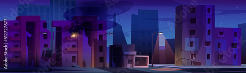 Destroyed city with broken houses at night. Vector cartoon illustration of abandoned buildings with cracks and fire inside, street lights on road. Town ruins after war, nuclear explosion, apocalypse