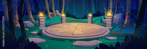 Ancient celtic round stone platform, pillars with fire in forest at night. Vector cartoon illustration of woods landscape with birch trees and old abandoned sacred altar with pagan symbols