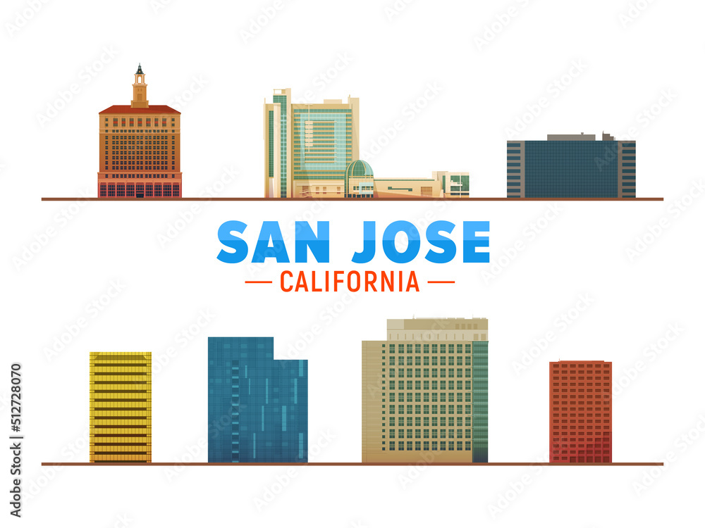 Obraz premium San Jose California city landmarks isolated object. Main building. Business travel and tourism concept with modern buildings. Image for presentation, banner, web site.