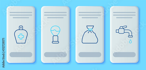 Set line Shaving brush, Garbage bag, Bottle of liquid antibacterial soap and Water tap icon. Vector