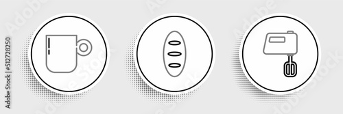 Set line Electric mixer, Coffee cup and Bread loaf icon. Vector