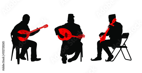 Greek Turkish, Balkan folklore music silhouette trio. Bouzouki player and oriental Balgama, zurna with Serbian musician guslar on instrument gusle. Bosnia folk artist. Arab man play oud, lute mandolin