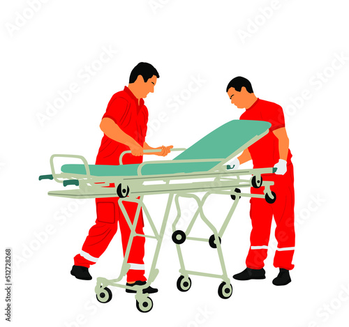 First aid crew prepare hospital stretcher trolley help injured person after accident vector illustration. Paramedics evacuate man. Doctor helping people, body collapse. Health care lifeguard action.