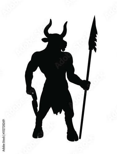Greek mythology creature Minotaur vector silhouette illustration isolated on white background. Half god with body of a man and the head of a bull symbol. Horned angry beast with spear and ax shape.