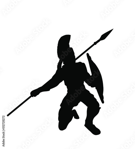 Greek hero ancient soldier Leonidas with spear and shield in battle vector silhouette illustration isolated on white background. Roman legionary, brave warrior in combat. Gladiator symbol shadow.