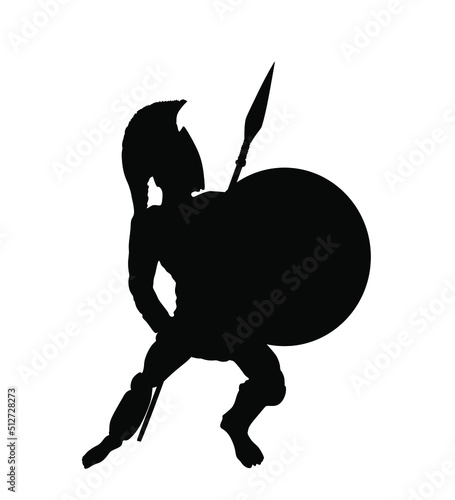 Greek hero ancient soldier Leonidas with spear and shield in battle vector silhouette illustration isolated on white background. Roman legionary, brave warrior in combat. Gladiator symbol shadow.