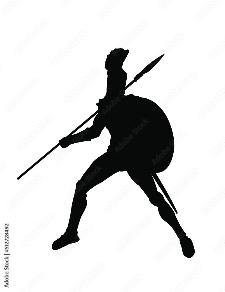 Greek hero ancient soldier Leonidas with spear and shield in battle vector silhouette illustration isolated on white background. Roman legionary, brave warrior in combat. Gladiator symbol shadow. Greek hero ancient soldier Leonidas with spear and shield in battle vector silhouette illustration isolated on white background. Roman legionary, brave warrior in combat. Gladiator symbol shadow.