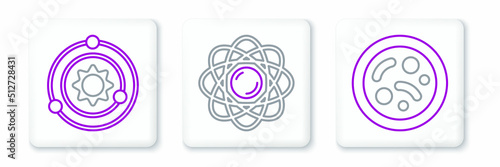 Set line Bacteria, Solar system and Atom icon. Vector
