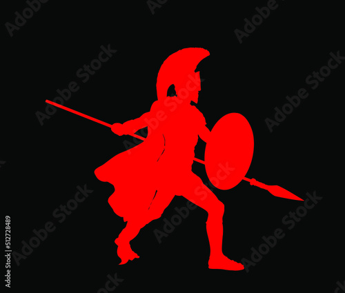 Greek hero ancient soldier Achilles with spear and shield in battle vector silhouette illustration isolated on background. Roman legionary, brave warrior in combat. Gladiator symbol shadow.