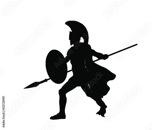 Greek hero ancient soldier Achilles with spear and shield in battle vector silhouette illustration isolated on white background. Roman legionary, brave warrior in combat. Gladiator symbol shadow.