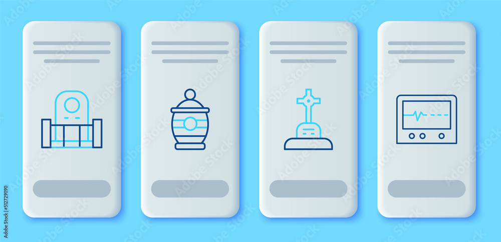 Set line Funeral urn, Grave with cross, tombstone and Beat dead in monitor icon. Vector