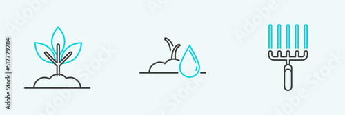 Set line Garden rake in work, Plant and Watering sprout icon. Vector