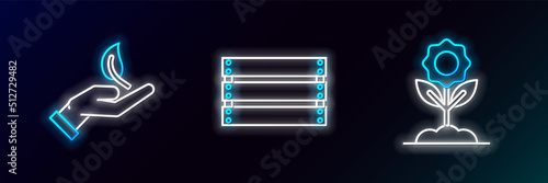 Set line Flower, Sprout in hand of environmental protection and Wooden box icon. Glowing neon. Vector