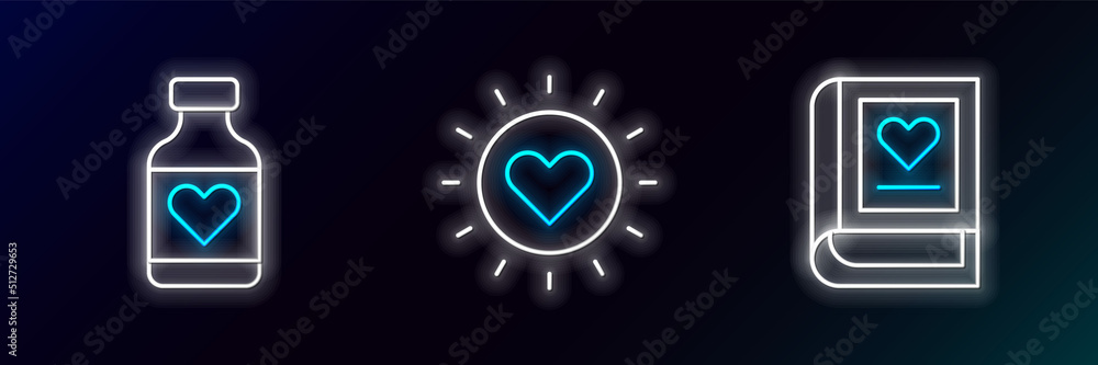 Set line Medical book, Vitamin pill and Sun icon. Glowing neon. Vector Set line Medical book, Vitamin pill and Sun icon. Glowing neon. Vector