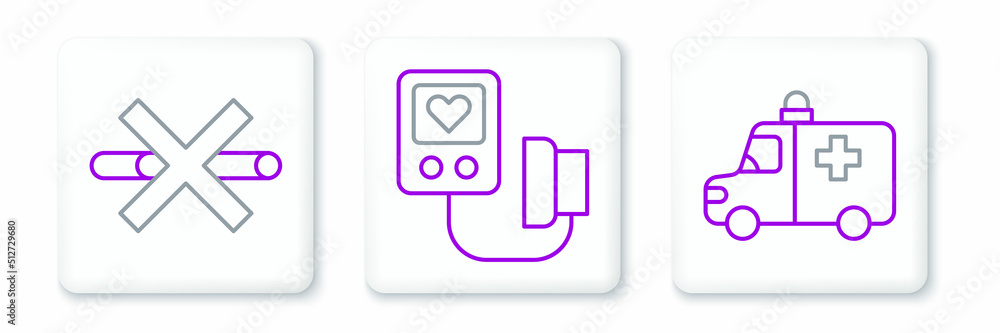 Set line Ambulance and emergency car, No Smoking and Blood pressure icon. Vector Set line Ambulance and emergency car, No Smoking and Blood pressure icon. Vector