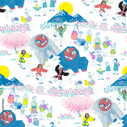Seamless pattern illustration of people enjoying the traditional Korean festival "Bongsan Talchum". The traditional Korean attraction "Mask Dance Drama of Bongsan".	