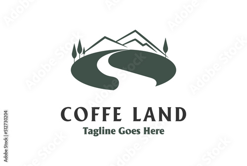 Simple Coffee Mountain River Creek Land for Cultivation Farm Seed Product Logo Design
