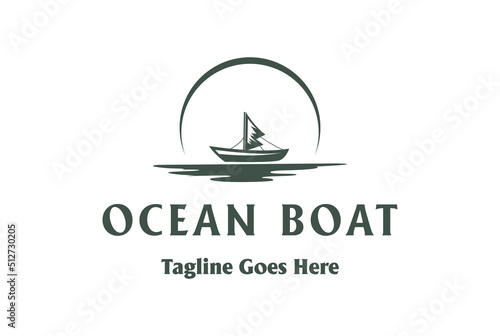 Vintage Retro Sunset Moon with Dhow Ship Lake River Creek Ocean Logo Design Vector