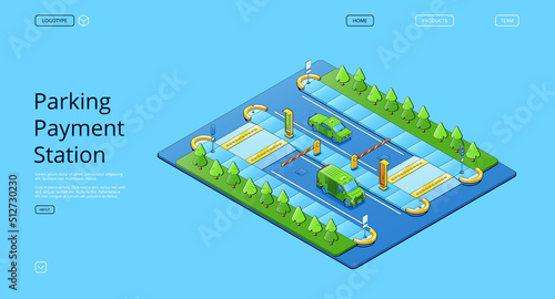 Parking payment station banner with isometric illustration of road with cars, ticket machines and barrier gates. Vector landing page of auto parking control system