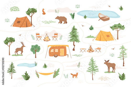Camping map with path. Tents, van camper, chairs near campfire, lake with boat, wild animals moose, bear, deer, fox. Weekend, vacation on nature in forest. Vector illustration with trees, grass, birds