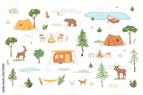 Camping map. Tents, van camper in forest. Chairs near campfire, lake with boat, wild animals moose, bear, deer, fox walking. Weekend, vacation on nature. Vector illustration with trees, grass, birds.
