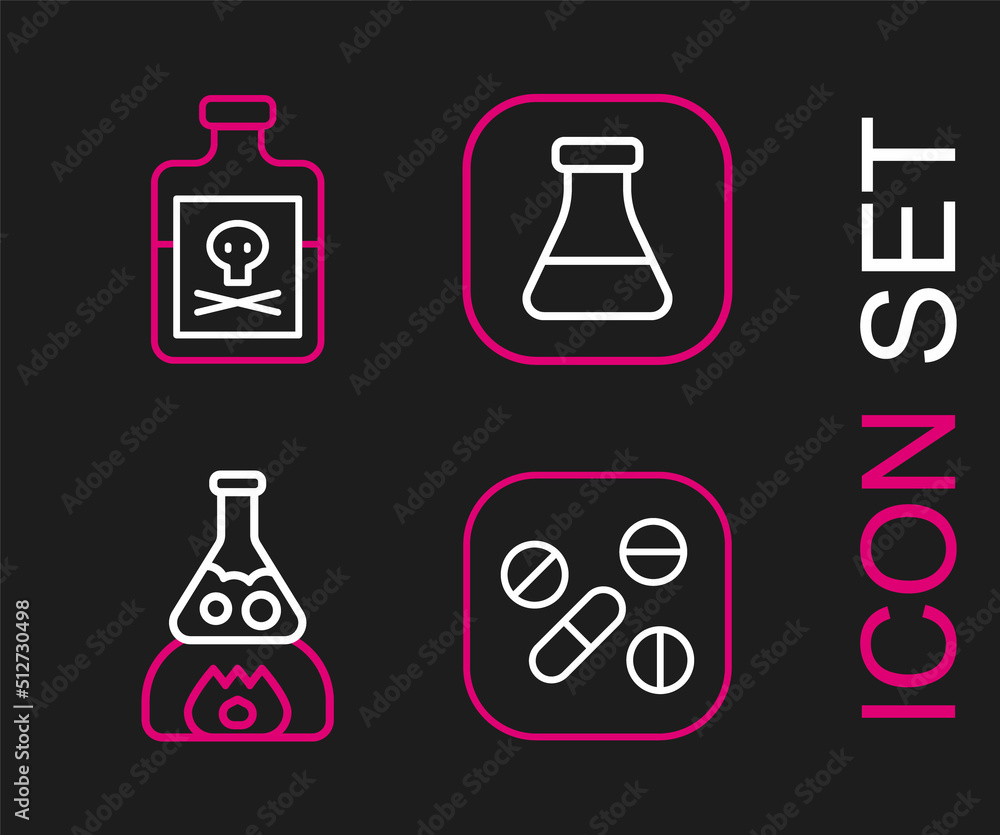 Set line Medicine pill or tablet, Test tube flask on fire, and and Poison bottle icon. Vector Set line Medicine pill or tablet, Test tube flask on fire, and and Poison bottle icon. Vector