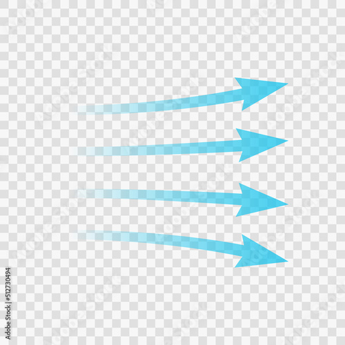 Air flow. Blue arrow showing direction of air movement. Wind direction arrow. Blue cold fresh stream from the conditioner. Vector illustration isolated on transparent background.