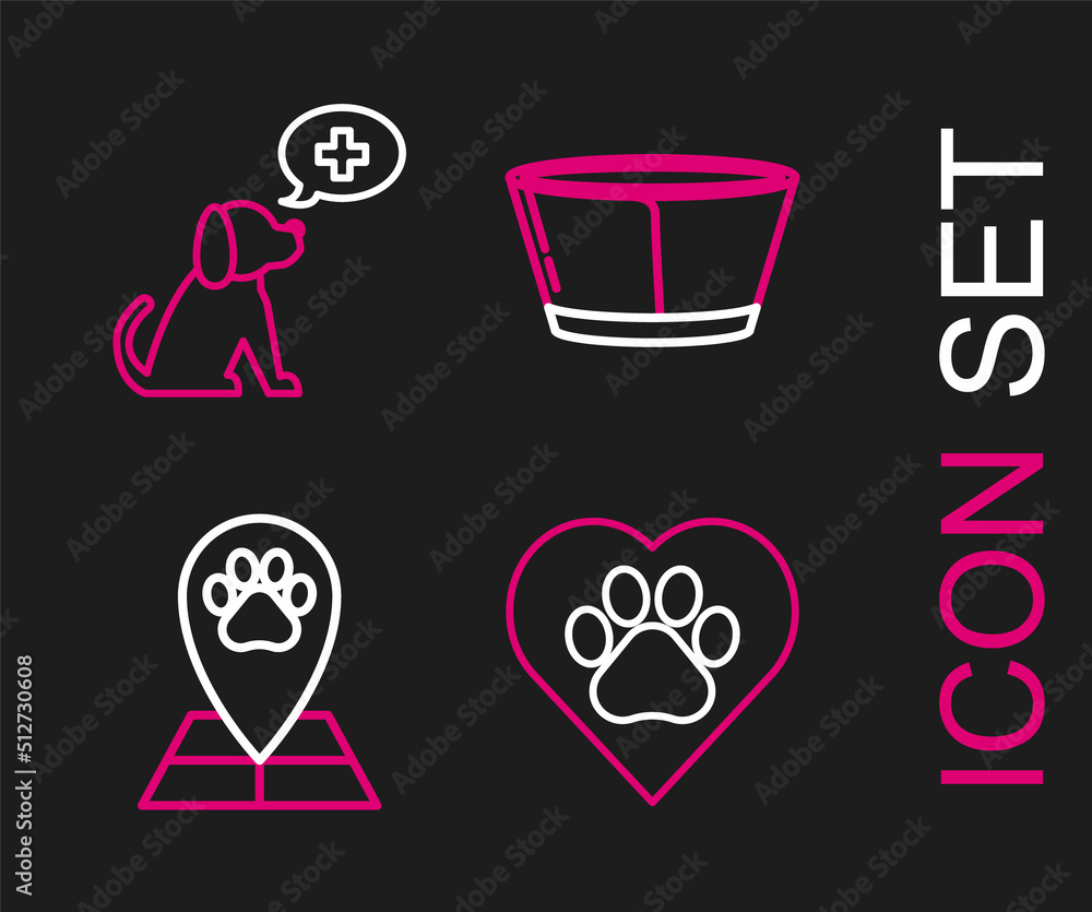 Set line Heart with animals footprint, Map pointer veterinary medicine hospital, Protective cone collar and Veterinary clinic symbol icon. Vector