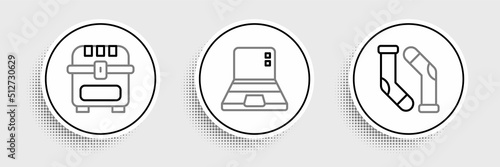 Set line Socks, Antique treasure chest and Laptop icon. Vector