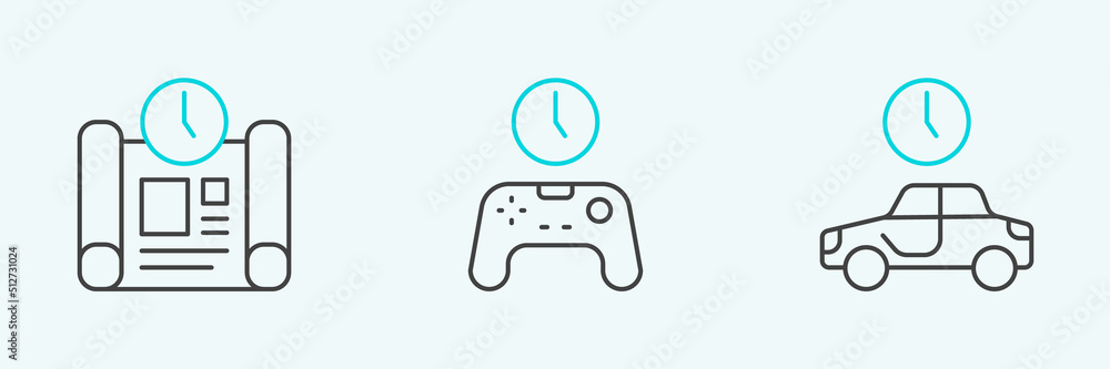 Set line Time to travel, Project time plan and Gamepad of icon. Vector Set line Time to travel, Project time plan and Gamepad of icon. Vector