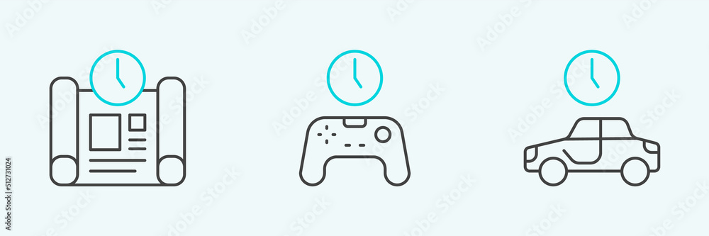 Set line Time to travel, Project time plan and Gamepad of icon. Vector