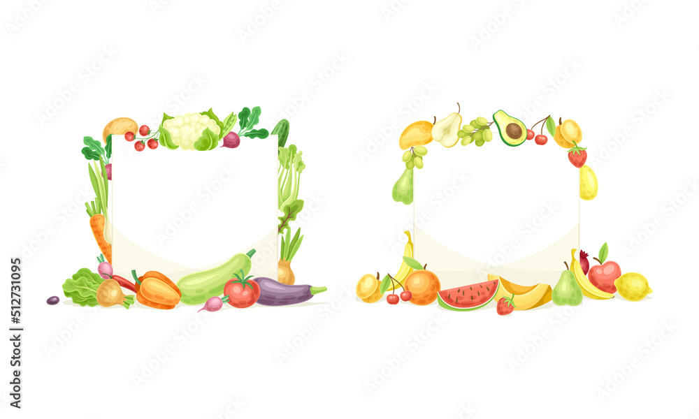 Frame of rectangular and square shape made of vegetables set. Templates with fresh organic healthy food and copy space vector illustration