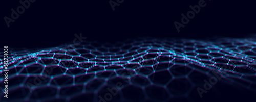 Futuristic hexagon wave with glitch effect. Digital background with moving glowing particles and lines. Big data visualization. 3d rendering © estar 2020