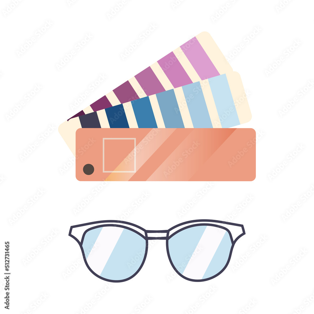 Fototapeta premium Color guide palette, sample swatch book guide and glasses vector illustration