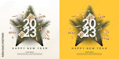 Happy new year 2023 on star pine decoration background
