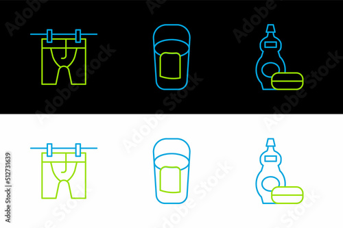 Set line Dishwashing liquid bottle, Drying clothes and Bucket with rag icon. Vector