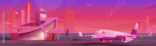 Airport terminal building with dispatcher tower and airplane waiting to flight on runaway. Modern metropolis aerodrome or transport hub infrastructure and air transport, Cartoon vector illustration