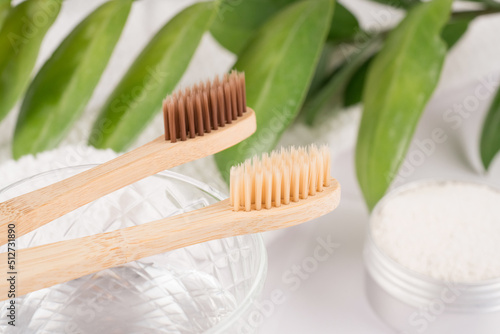 Two bamboo toothbrushes with mineral toothpowder kaolin in alu container against green leaves as background. Natural bath products  organic dentifrice