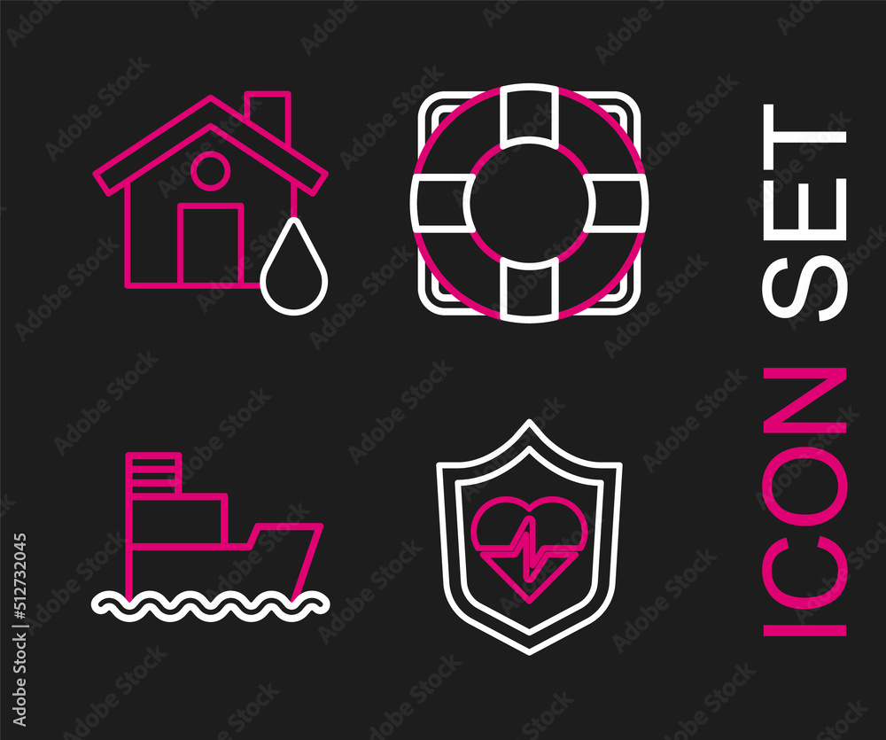 Set line Life insurance with shield, Ship, Lifebuoy and House flood icon. Vector Set line Life insurance with shield, Ship, Lifebuoy and House flood icon. Vector
