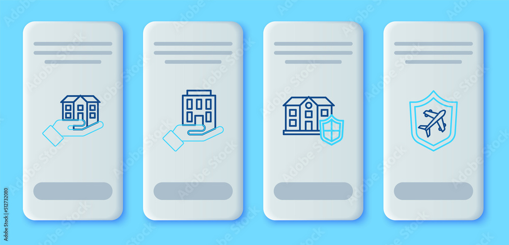 Set line House in hand, with shield, and Plane icon. Vector