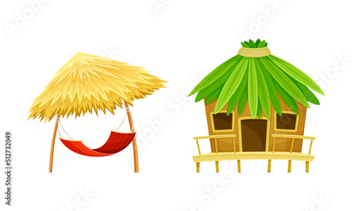 Wooden beach hut and straw umbrella hammock. Summer vacation concept cartoon vector illustration