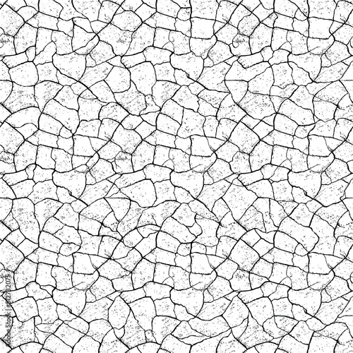 Seamless crack texture. Cracked soil. Black and white vector realistic background pattern.