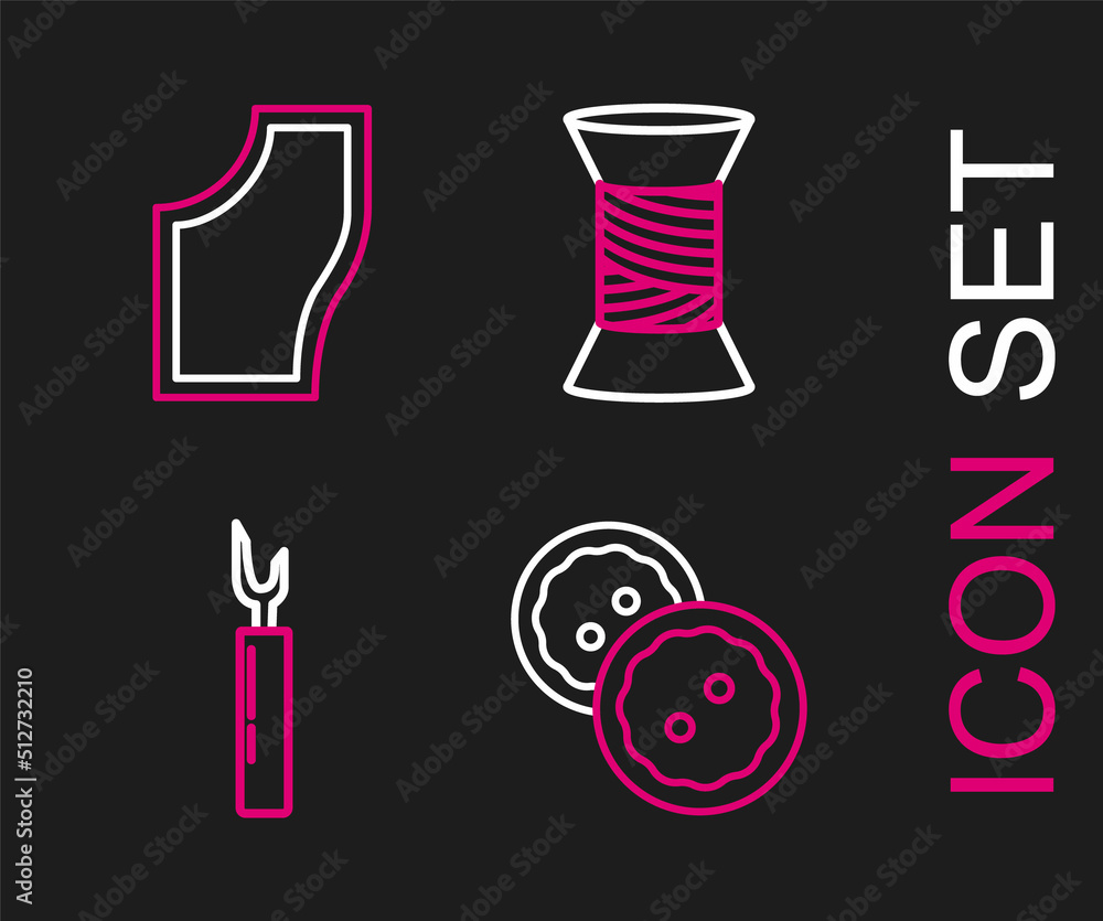 Set line Sewing button for clothes, Cutter tool, thread spool and Pattern icon. Vector Set line Sewing button for clothes, Cutter tool, thread spool and Pattern icon. Vector