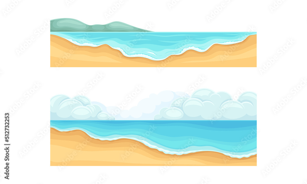 Beautiful sea shore beachs set. Coast tropical landscape in sunny day cartoon vector illustration