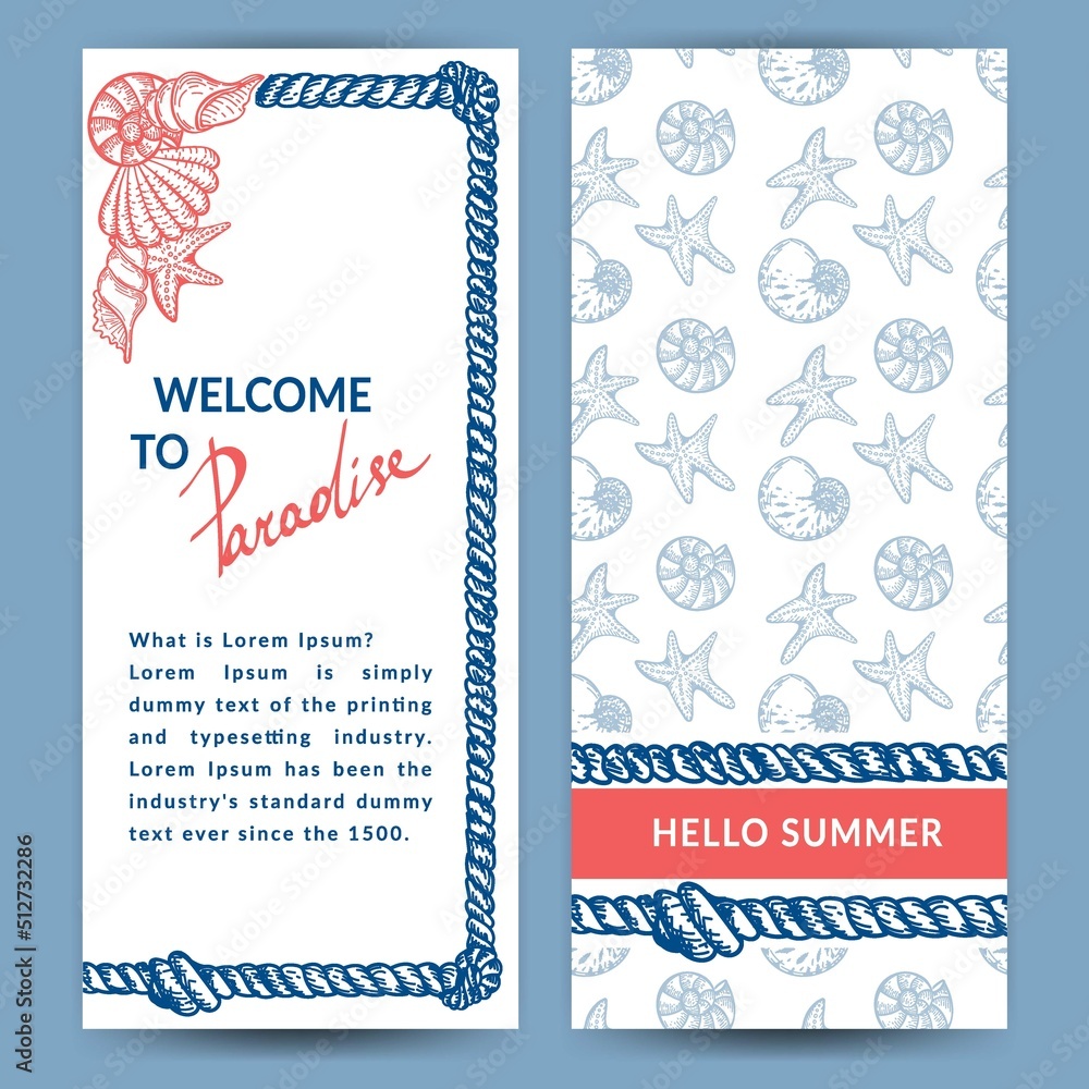 Set of vector banner templates in nautical style. Rope with knots. Hand drawn seashells and starfish doodle in sketch style. Greeting card. Beach party. Rope borders.
